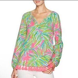 Lilly Pulitzer Linzy Tiki Fringe Pink Green Tastle Top blouse XS